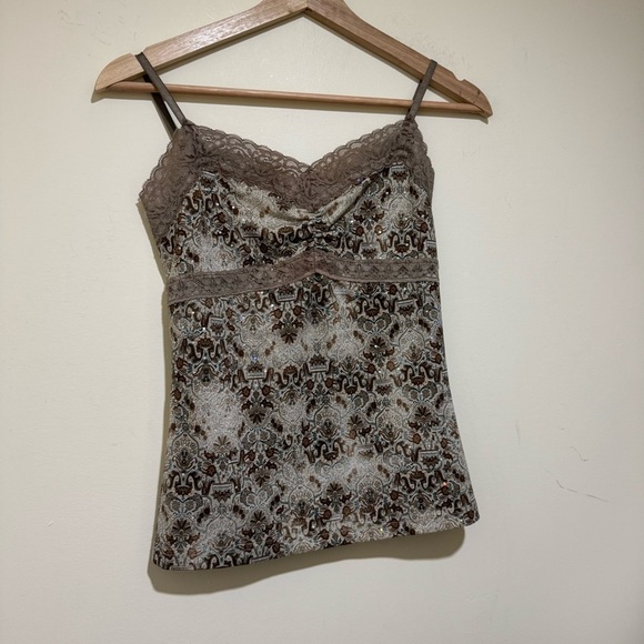 Women’s Vintage Y2K Brown Paisley Print Lace Trim Sparkle Cami Tank Top Size L - Picture 3 of 13